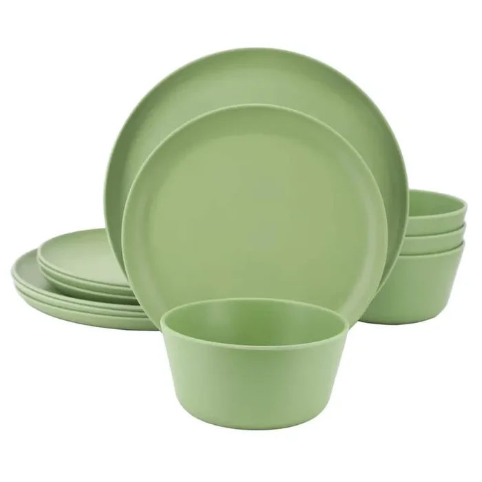 Fairhope 12-Piece Melamine Round Dinnerware Set in Matte Green