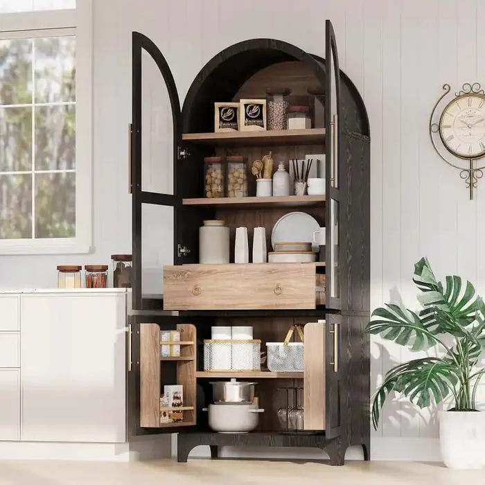 Farmhouse Black Wood 29.9 in. Kitchen Island Arched Kitchen Pantry Cupboard Cabinet with Open and Adjustable Shelves