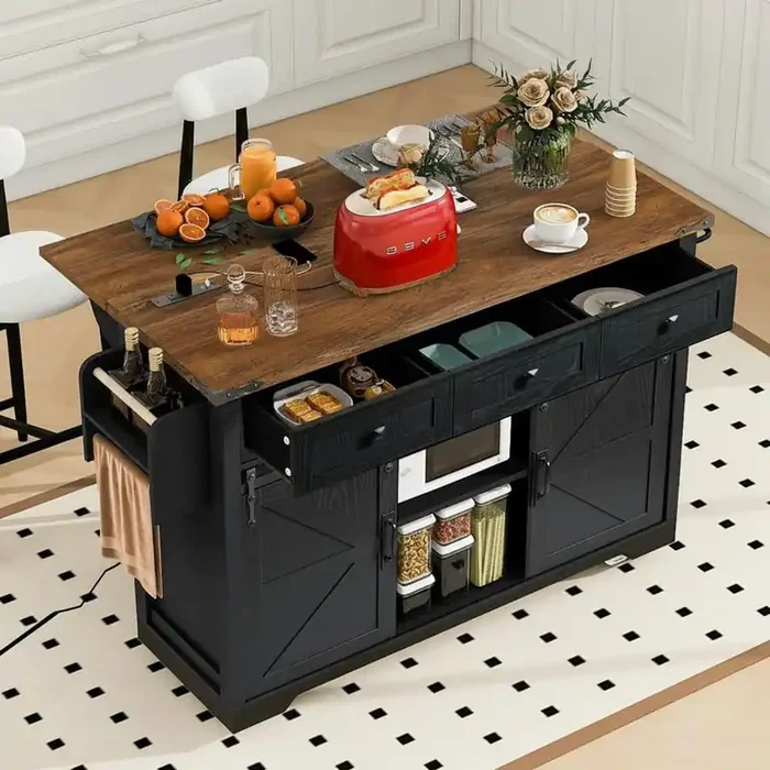 Farmhouse Black Wood 53.7 in. Drop Leaf Kitchen Island Kitchen Carts with Spice Rack and 2-Sliding Barn Door