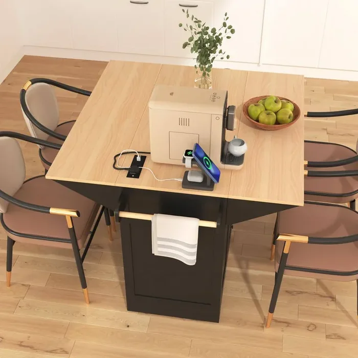 Farmhouse Black Wood 55.75 in. Power Outlet Large Rolling Kitchen Island Cart Folding Storage Table with 2-Drop Leaves