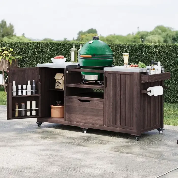 Farmhouse Dark Brown Steel 66.5 in. Outdoor Patio Internal Rack Kitchen Island Compatible 21 in. Big Grills with Drawer
