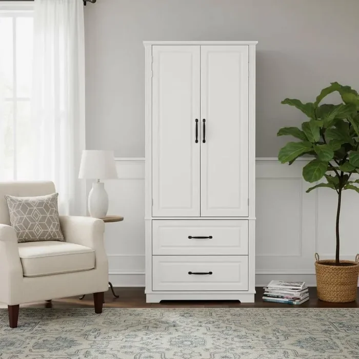 Farmhouse Embossed Texture Wood White 30.3 in. Kitchen Island cart Pantry Cupboard with 2-Drawer and Adjustable 3-Shelf