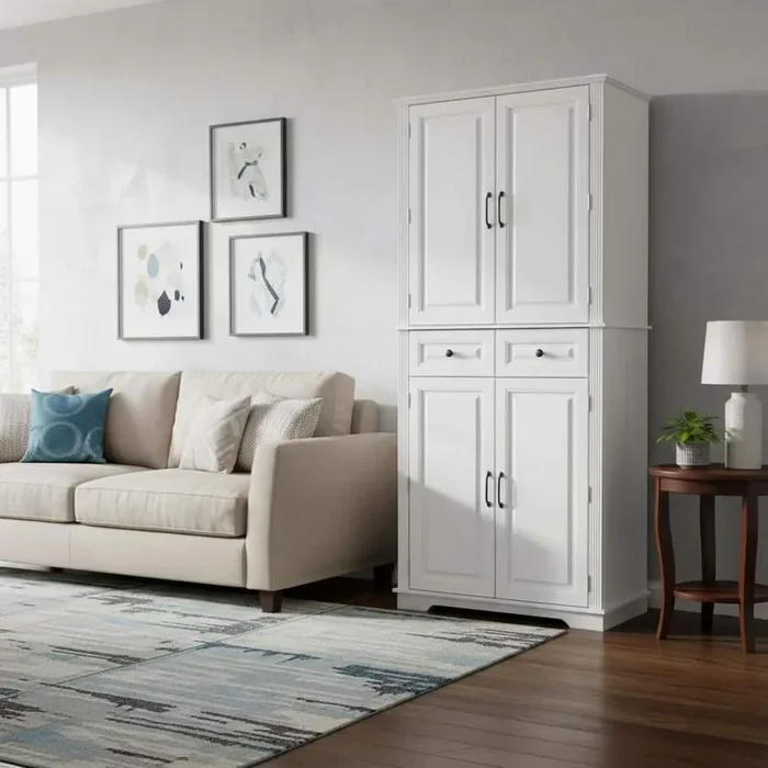 Farmhouse White Wood 31.5 in. Embossed Texture Kitchen Island Tall Kitchen Pantry Cabinet with 4-Door and 2-Drawer