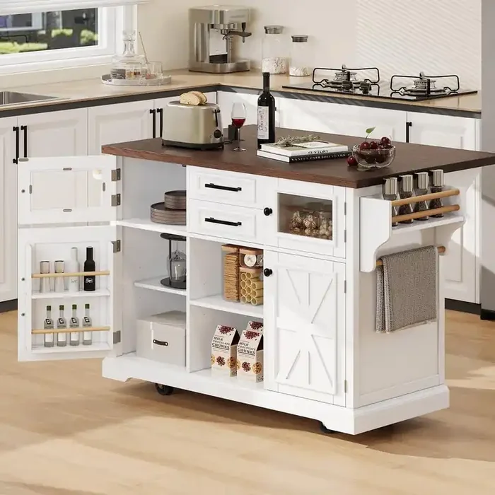 Farmhouse White Wood 54.9 in. Drop Leaf Kitchen Island Power Outlet Kitchen Cart with Door Shelves and Cross Barn Doors