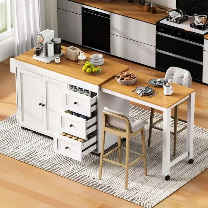 Farmhouse White Wood 74.8 in. Power Outlet Kitchen Island Extendable Dining Table with 2-Door Cabinet and 3-Drawer