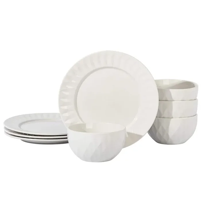 Fine Ceramic 8 Piece Dinnerware Set Service of 4 in White