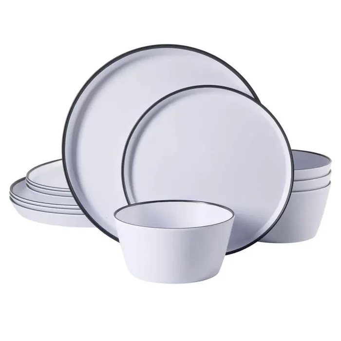 Folsom Shores 12-Piece Melamine Dinnerware Set in White with Black Rim
