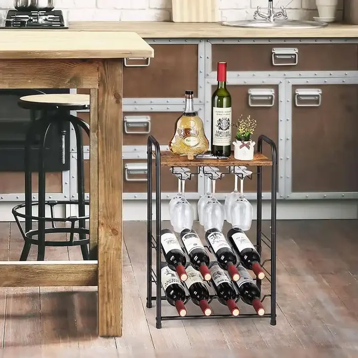 Freestanding Black Wine Bar Rack, Holds 8 Bottles and 6 Glasses