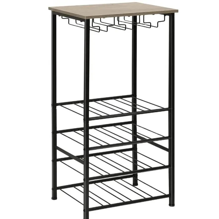 Freestanding Wine Bar Rack Holds 16 Bottles and 9 Glasses Gray-Brown