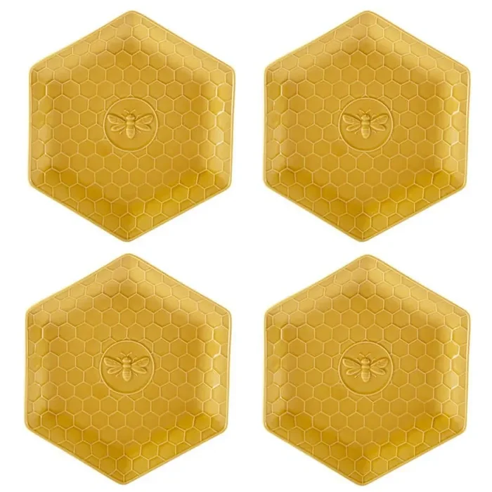 French Bees Embossed Honeycomb Multicolor Stoneware Dinner Plates (Set of 4)