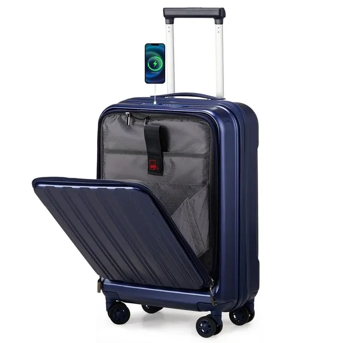 Front Compartment 1-Piece Blue 20 in. ABS+PC Luggage with USB Port, Double Spinner Wheels, TSA Lock