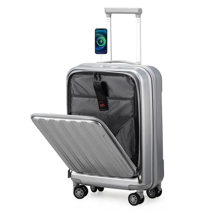 Front Compartment 1-Piece Gray 20 in. ABS+PC Luggage with USB Port, Double Spinner Wheels, TSA Lock