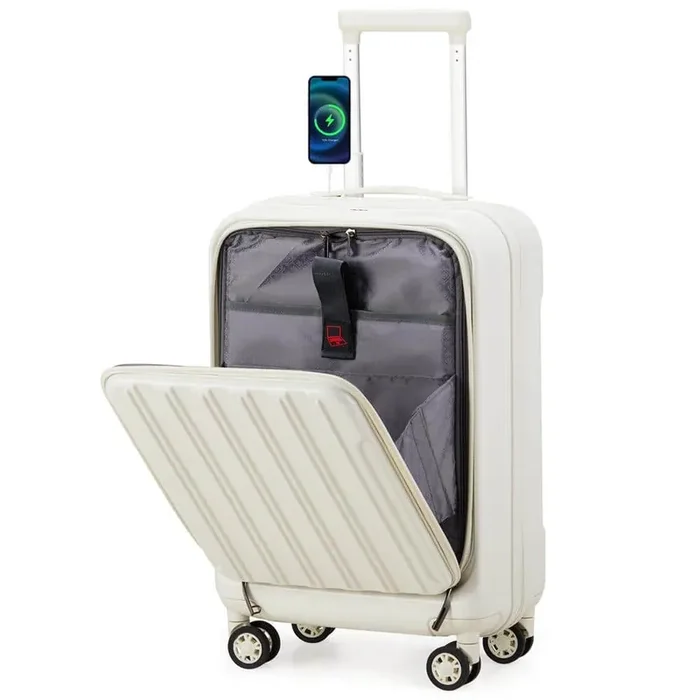 Front Compartment 1-Piece White 20 in. ABS+PC Luggage with USB Port, Double Spinner Wheels, TSA Lock