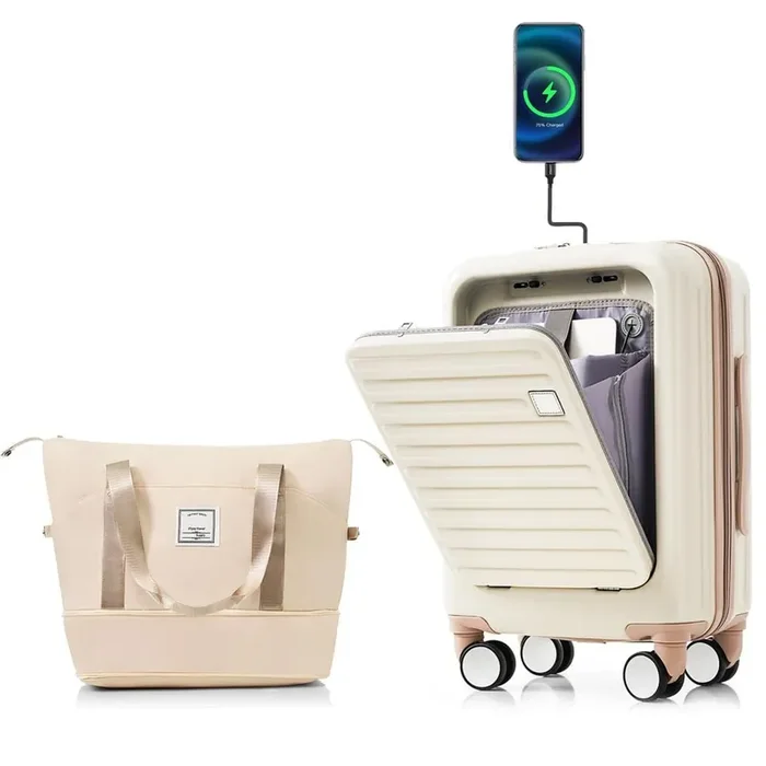 Front Opening 2-Piece Ivory and Golden 20 in. ABS Hardshell Spinner Luggage Set w/ Expandable Bag USB Ports Cup Holder