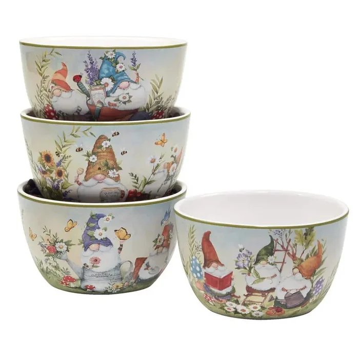 Garden Gnomes 23 fl.oz Assorted Colors Earthenware Dessert Bowl Set of 4