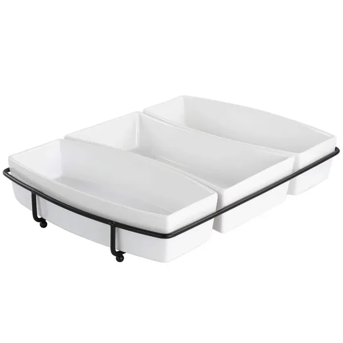 Gracious Dining 13 in. White Stoneware Rectangle Tidbit Dish Platter with Metal Rack set of (4-Pieces)