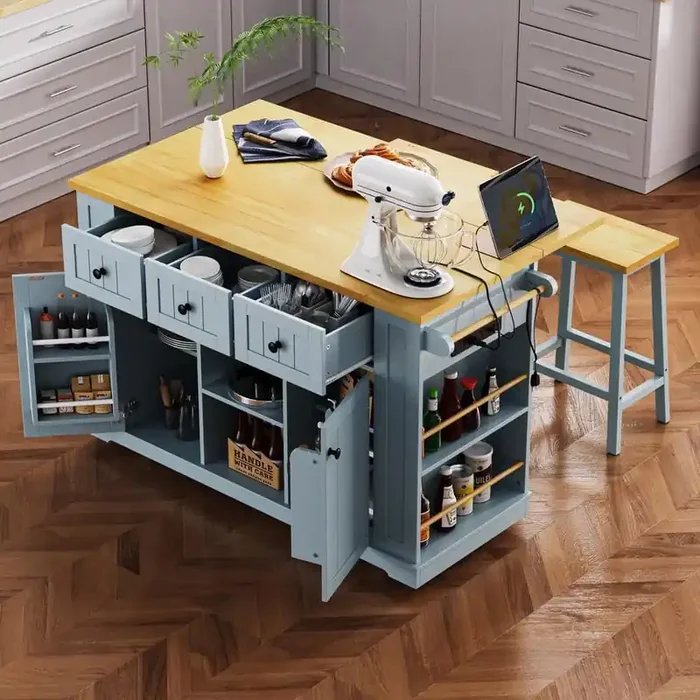 Gray Blue MDF Wood 53.14 in. Drop Leaf Kitchen Island Cart with 5 Open Side and Door Internal Storage Racks