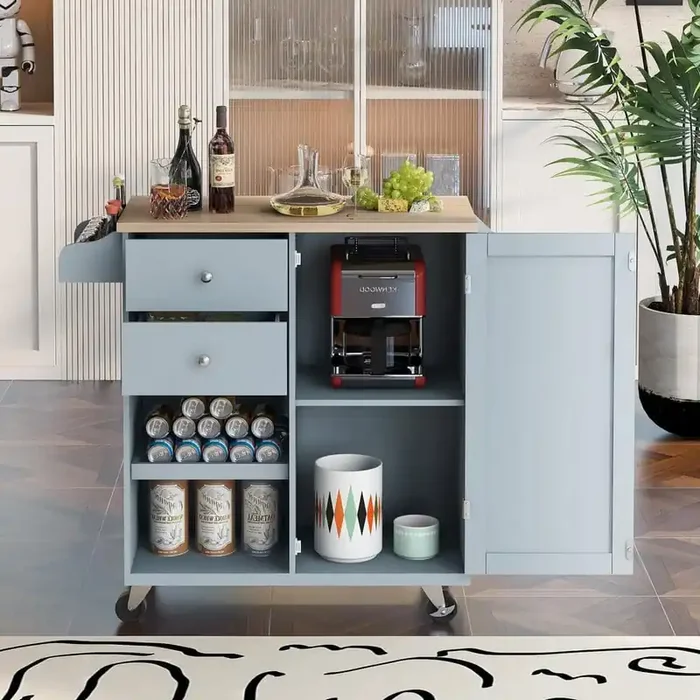 Gray Blue Rubber Wood Countertop 41.3 in. W Kitchen Island Cart with Spice Rack Towel Rack and 2-Drawers