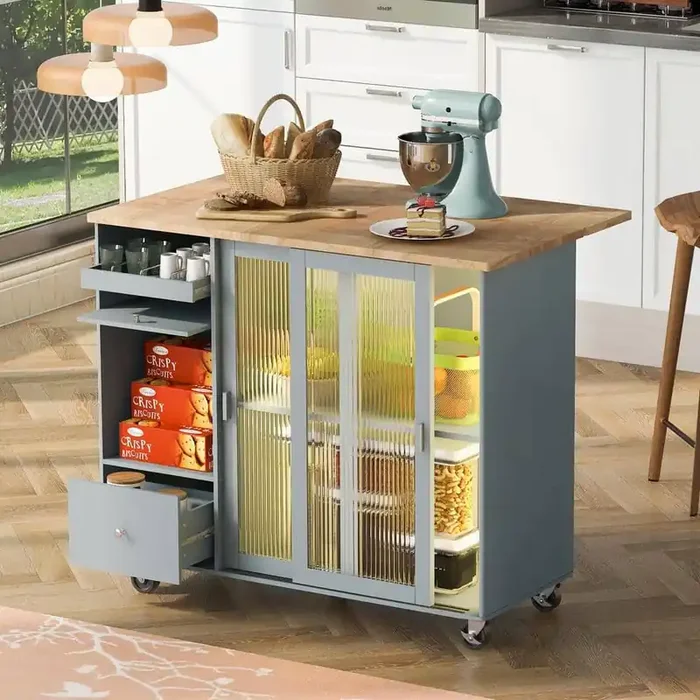 Gray Blue Wood 44 in. Kitchen Island with Drop Leaf, with LED Light, Large Storage, Changeable Wheels or Feet