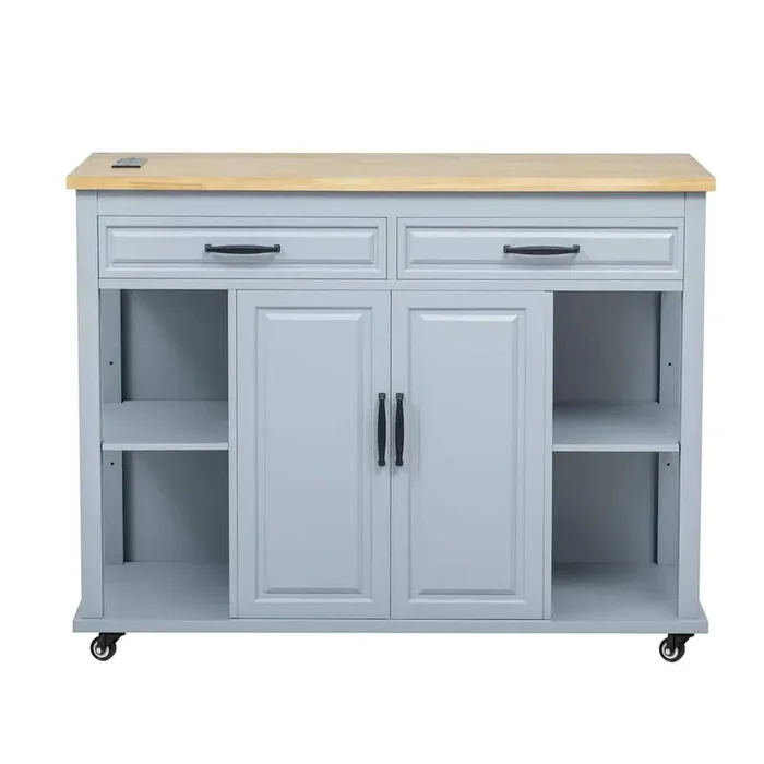 Gray Blue Wood 47 in. Kitchen Island with Extendable Dining Table and Internal Storage Rack