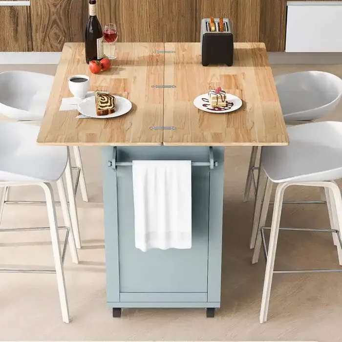 Gray Blue Wood 49.02 in. Kitchen Island with Foldable Counter Top, Slide-Out Shelf, Drawer and Towel Rack