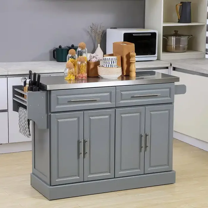 Gray stainless Steel Top 17. 75 in. Kitchen Island with Drop Leaf Breakfast Bar, Storage Drawers, 2-Cabinets, Spice Rack