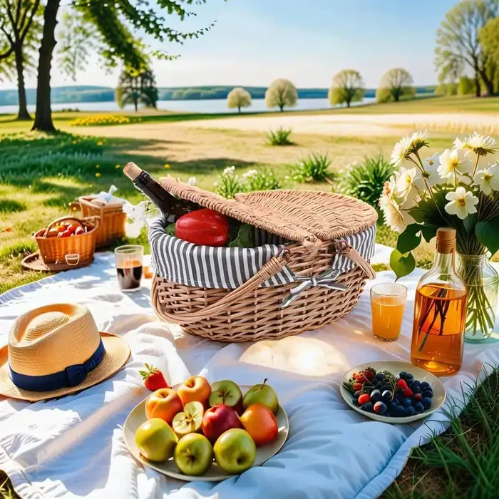 Gray Stripe Wicker Picnic Basket with Lid and Handle, Sturdy Woven Body, Washable Lining, for Easter, Outdoor Camping
