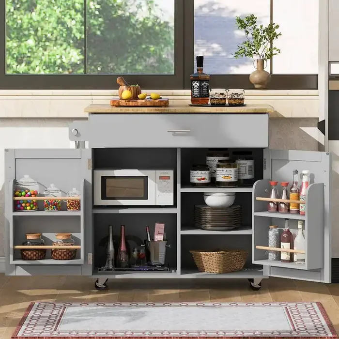 Gray Wood 39 in. Kitchen Island with Large divided Drawer, Internal Storage Rack, Adjustable Shelf Tower Rack Drop Leaf