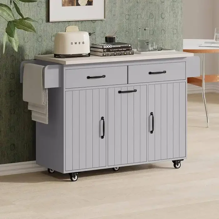 Gray Wood 51.06 in. W Kitchen Island with Trash Can Storage Cabinet on Wheels