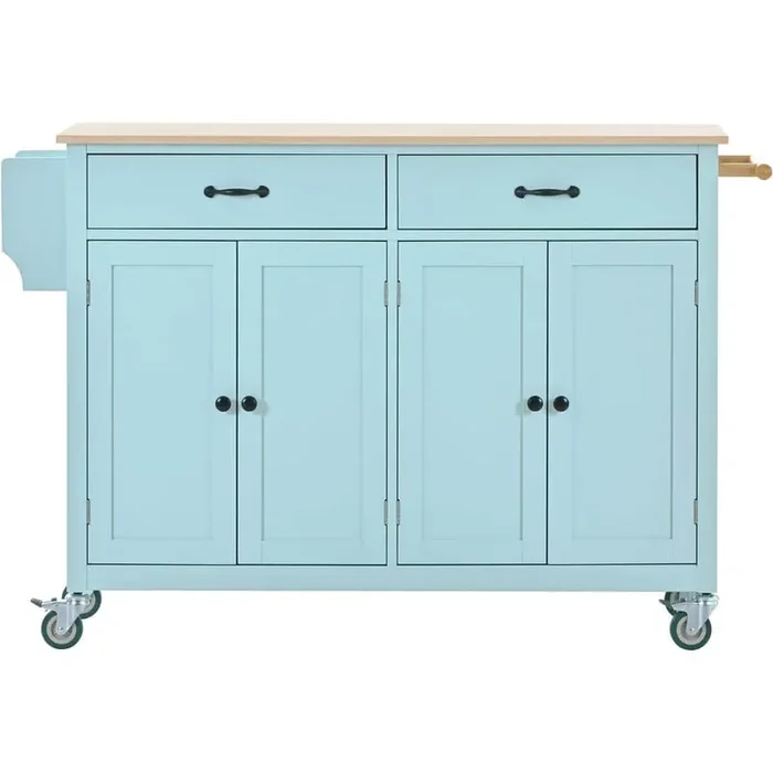 Green Solid Wood MDF Kitchen Cart with Spice Rack and Locking Wheels