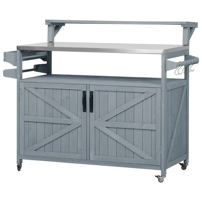 Grey Blue Fir Wood 53 in. Kitchen Island with Stainless Steel Top, Raised Shelf, Adjustable Storage, and Lockable Wheels