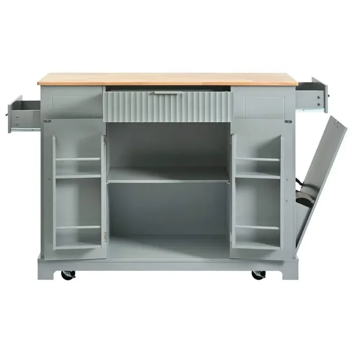 Grey Blue Wood 42-inch Movable Fluted Kitchen Cart