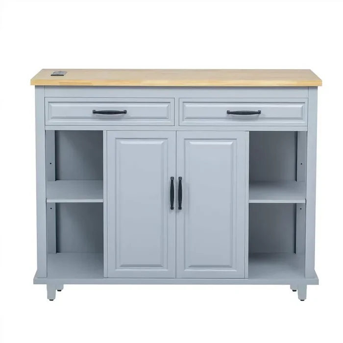 Grey Blue Wood 47.2 in. W Kitchen Island with Extendable Dining Table, Internal Storage Rack, Power Outlet, 2 Drawers