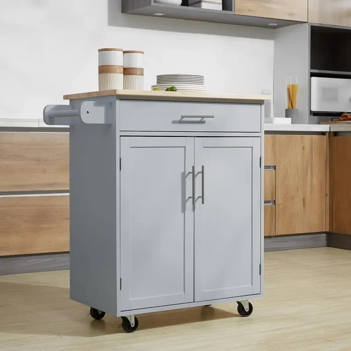 Grey Rolling Kitchen Island Cart with Drawer, Interior Cabinet and Towel Rack