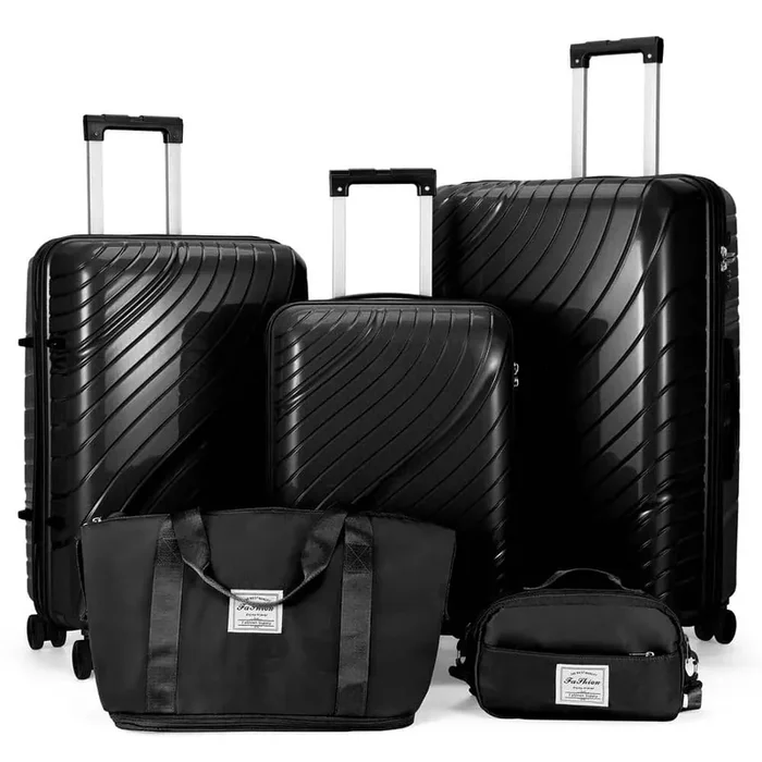 Hardside Hard Shell 2 of Bag 5-Piece Black PP Luggage Set Suitcases with TSA Lock 20 in. 24 in. 28 in.