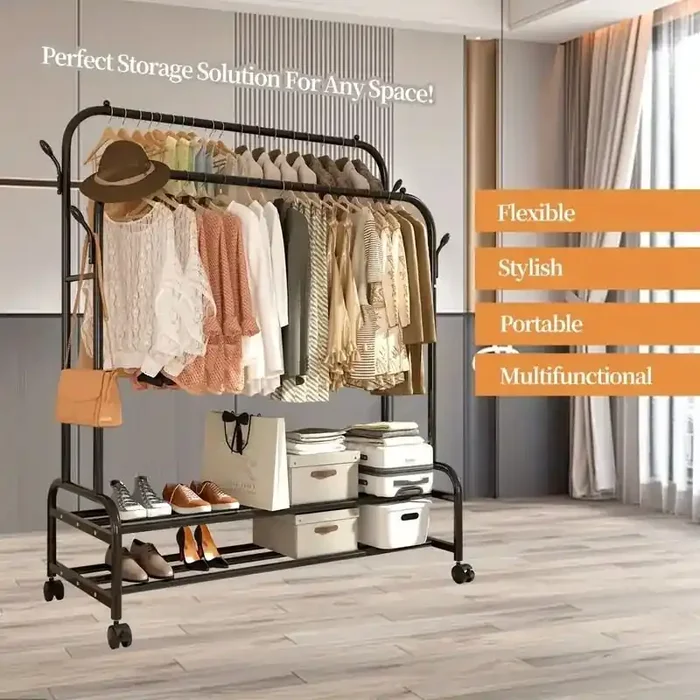 Heavy-Duty Rolling Metal Garment Rack with Dual Bars