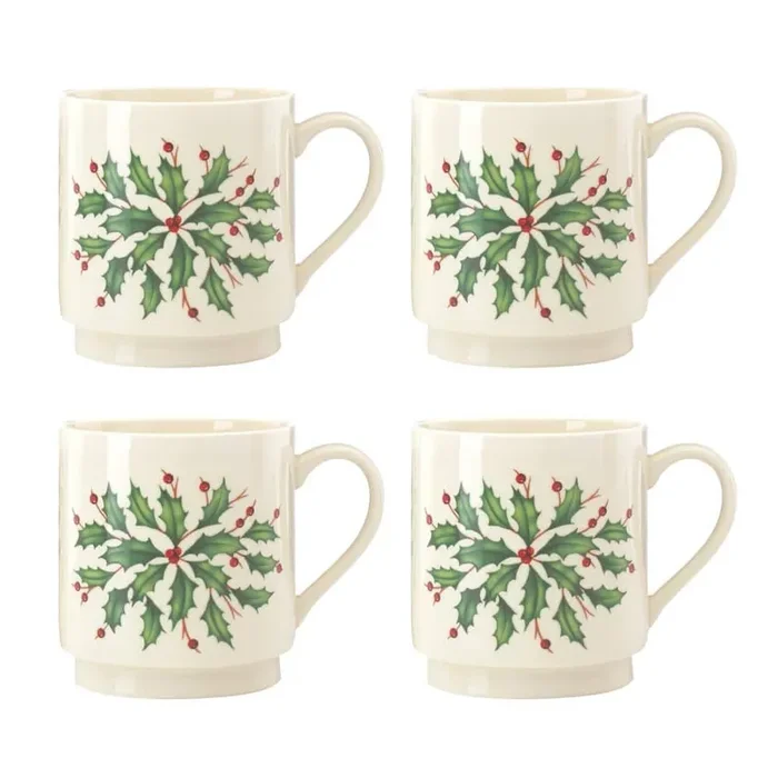 Holiday 12 oz. Ivory Multi-Colored Porcelain Mug (Set of 4)