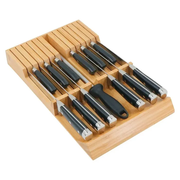 In-Drawer Bamboo Knife Block without Knives, Large handle Steak knife Holder for 12 knives and 1 Sharpening Steel