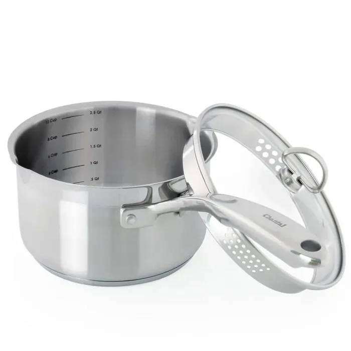Induction 21 Steel 2.5 qt. Stainless Steel Pour-Spout Sauce Pan in Brushed Stainless Steel with Strainer Glass Lid