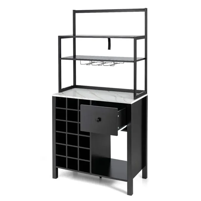 Kitchen 18-Bottle Bakers Rack Freestanding Wine Rack Table w/Glass Holder & Drawer Black