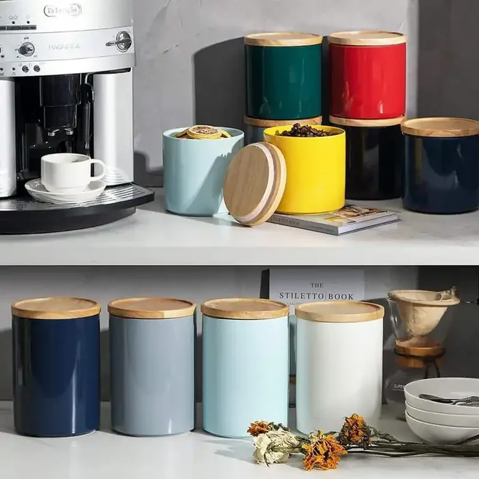 Kitchen Canisters Ceramic Food Storage Jar, Stackable Containers with Airtight Seal Wooden Lid for Serving Coffee Bean