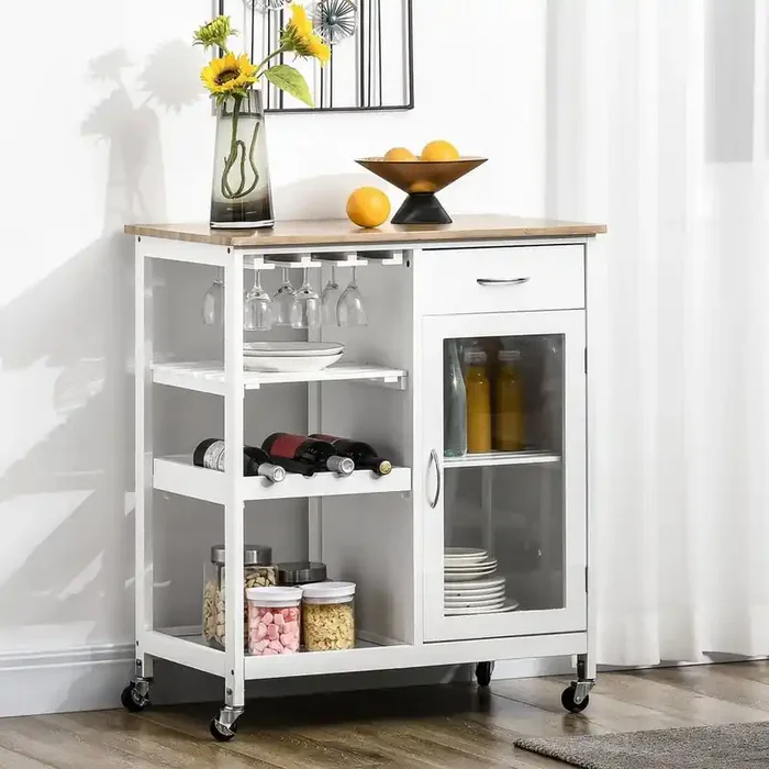 Kitchen Cart with 4-Bottle Wine Rack, Stemware Holder, Shelves, Drawer and Cabinet in White
