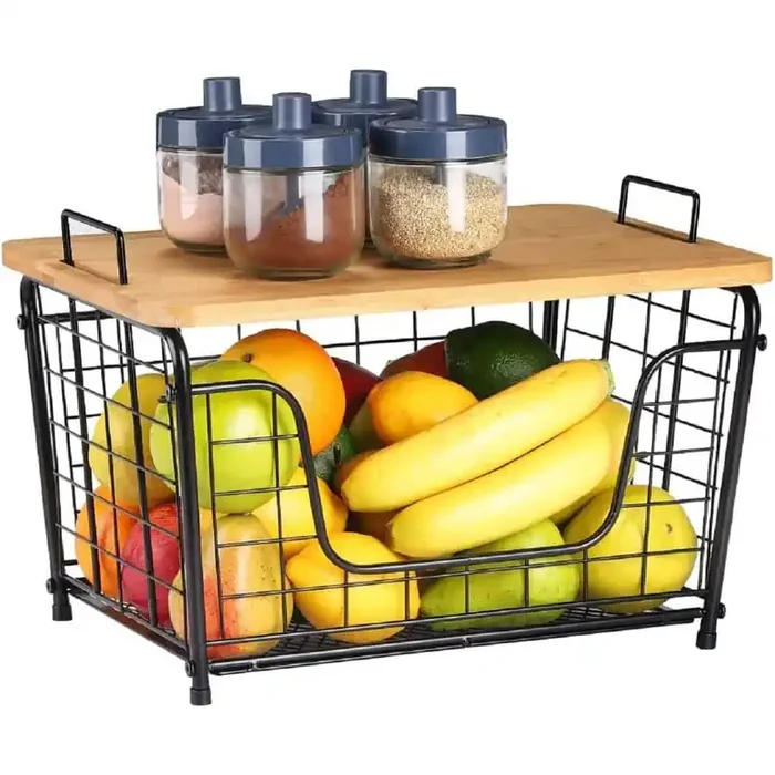 Kitchen Countertop Basket Organizer Produce Storage Basket with Wood Lid 1-Piece