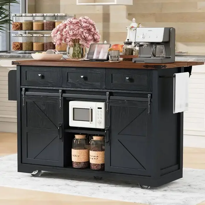Kitchen Island Black Wood 53.75 in. W Kitchen Island Dining Table on Wheels with Drop Leaf in Black