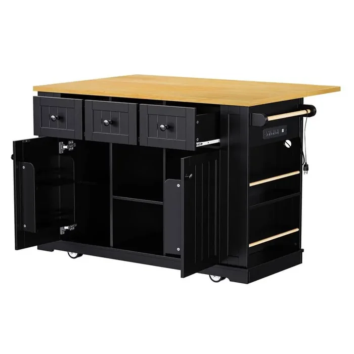 Kitchen Island Black Wood 53 in. Large Kitchen Island with Drop Leaf on 5 Wheels