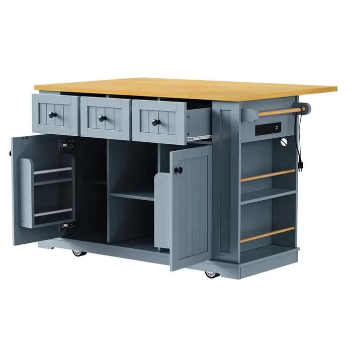 Kitchen Island Blue Wood 53 in. Large Kitchen Island with 2 Bar Stools in Blue