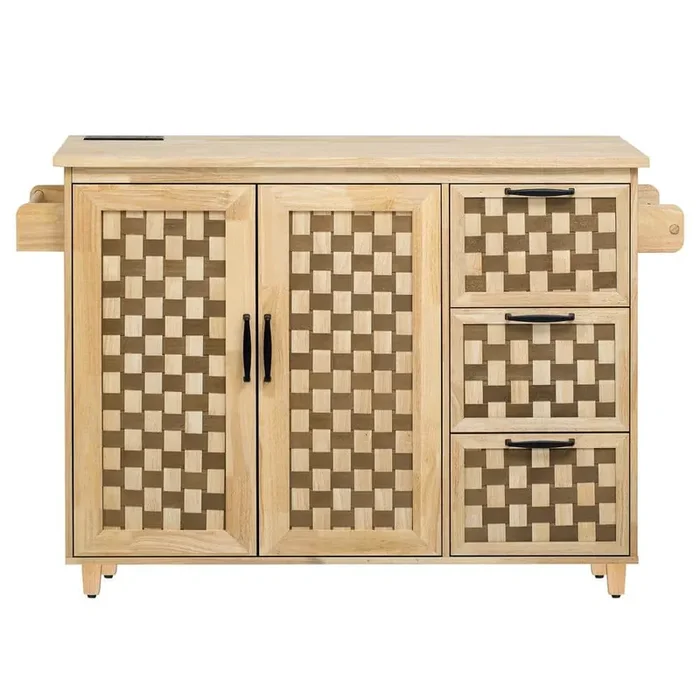 Kitchen Island Brown Wood Top 53.2 in. Kitchen Island 3D Woven Checkerboard Pattern Design with Drop Leaf in Nature