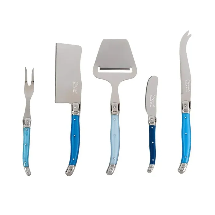 Laguiole 5 Piece Cheese Knife, Fork and Slicer Set, “Shades of Blue”