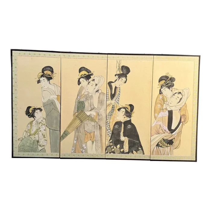 Late 20th Century Figurative Japanese Court Byobu Hanging Screen