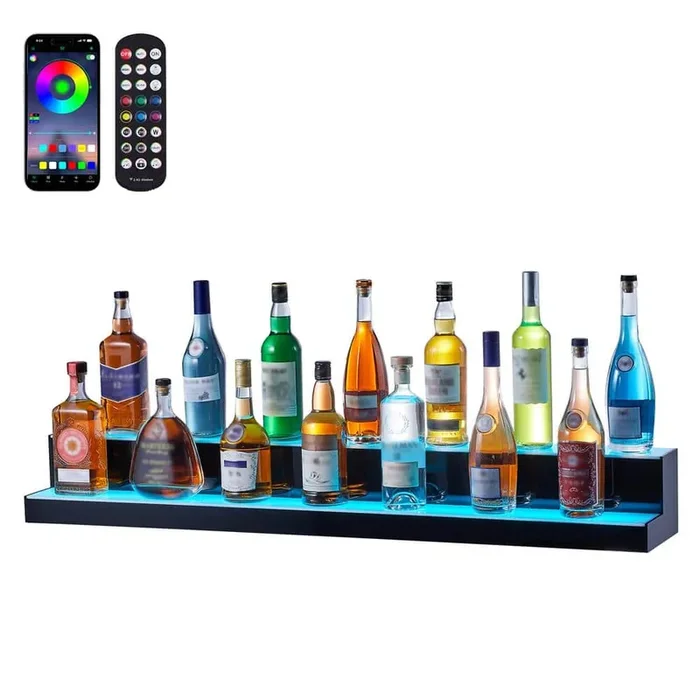 LED Lighted Liquor Bottle Display, 2 Tiers 48 in. Home Bar Shelf, 2 Steps Whiskey Rack Stand, Multicolor lighting